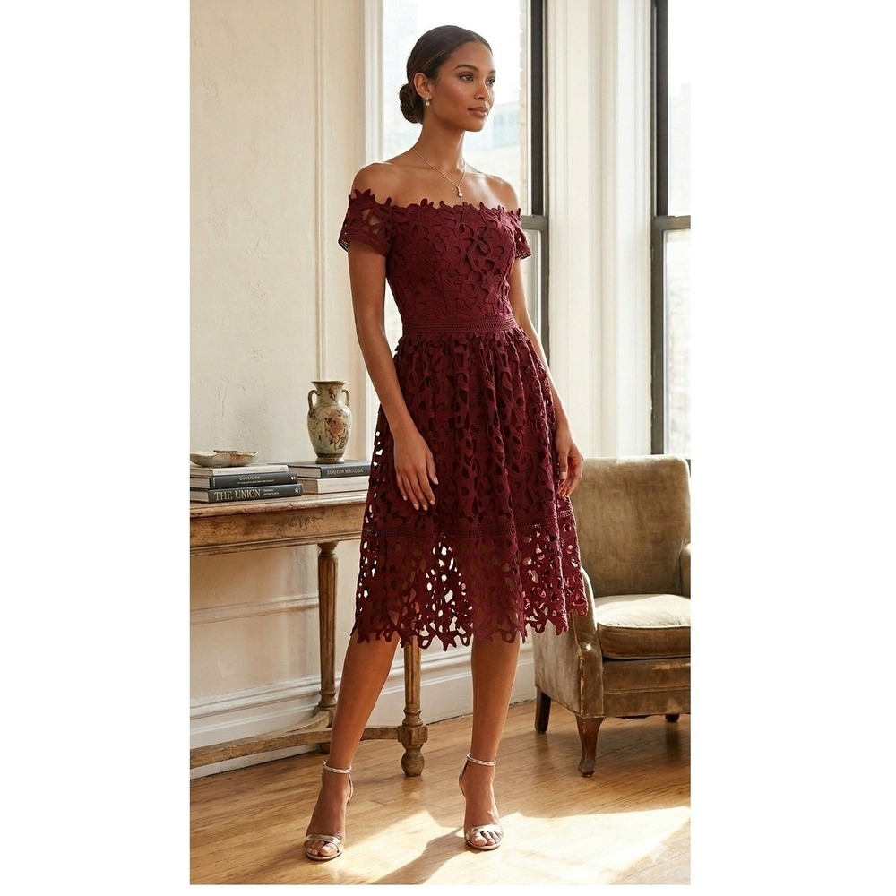 Chi Chi London Burgundy Crochet Lace Off The Shoulder Cocktail Midi Dress US 10